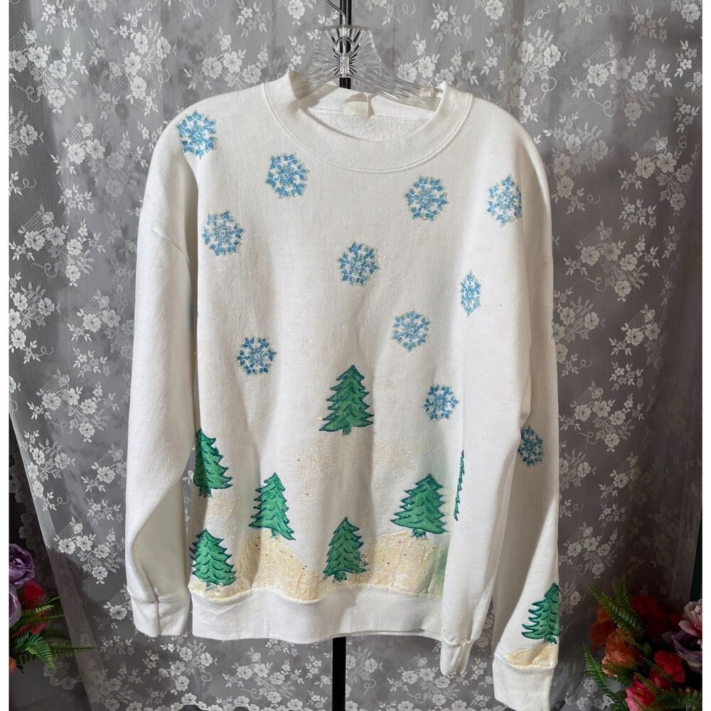 Vintage 80s Holiday Sweatshirt Size XL 1980s Retro Winter Cozy Snow Glitter